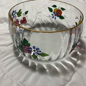 Vintage Romanian handcrafted crystal bowl with hand painted fruit & flowers